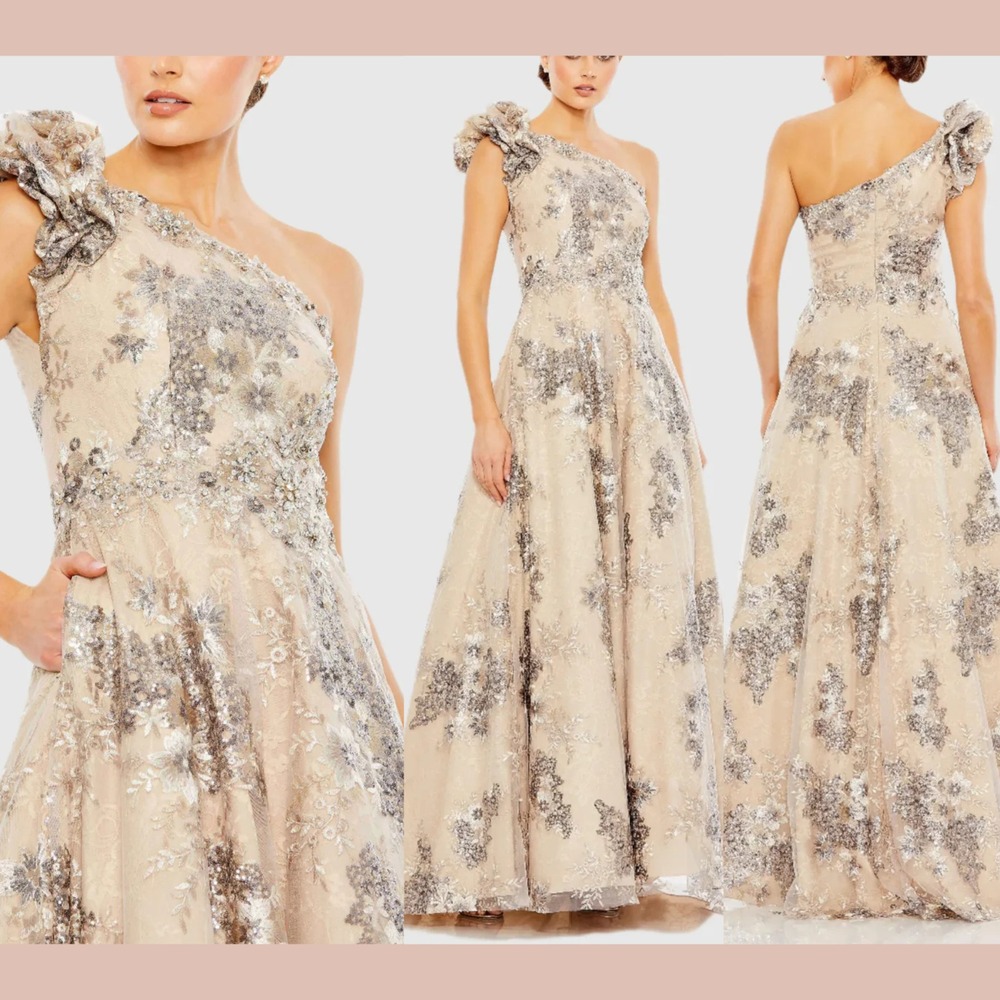 NWT $898 Mac Duggal‎ [ 6 ] 67960 Embellished One Shoulder Lace A Line Gown J1620